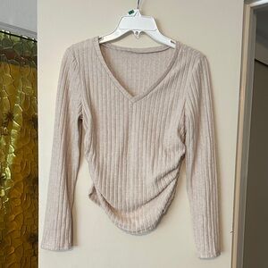 SHEIN Cream Ribbed V-Neck Blouse